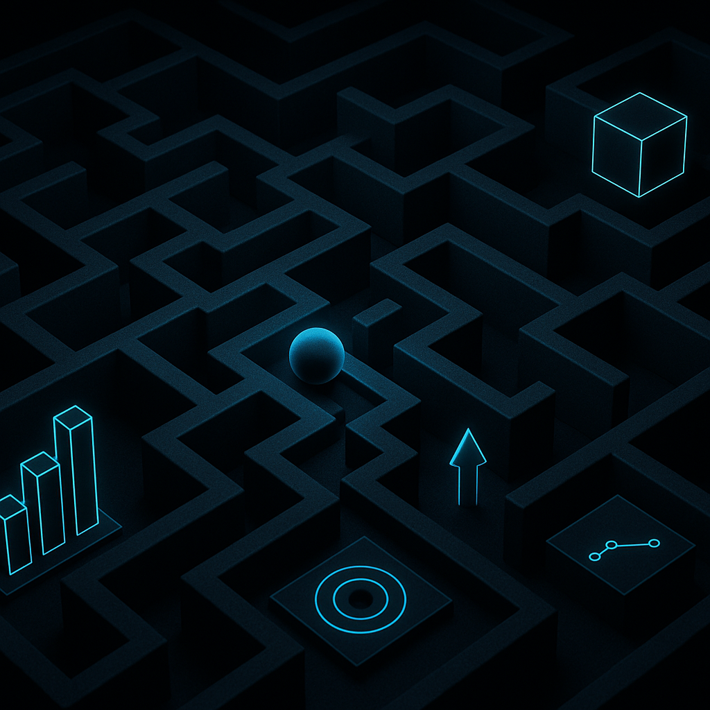 Abstract TPMxAI cover for "The Metrics Maze: Navigating the Labyrinth of Leading Indicators and Vanity Metrics"